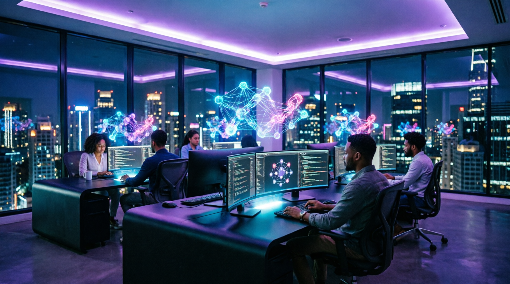 Global PS Infotech blockchain engineers working in the futuristic HQ