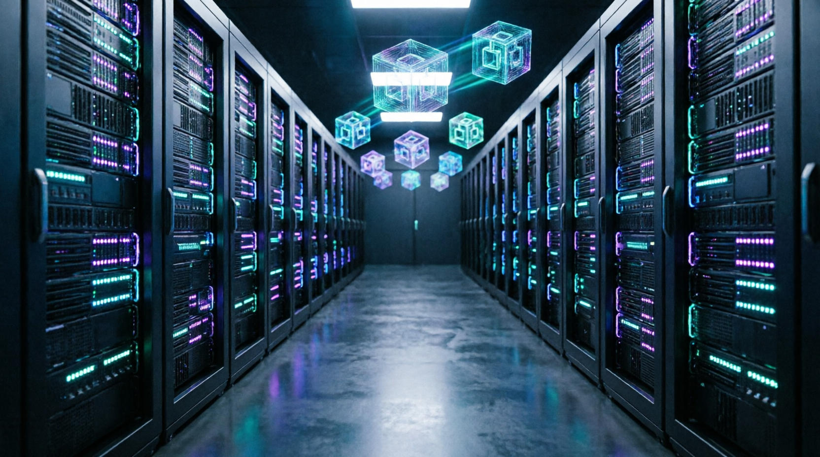 Global PS Infotech Tier-IV validator data center with holographic blockchain cubes
